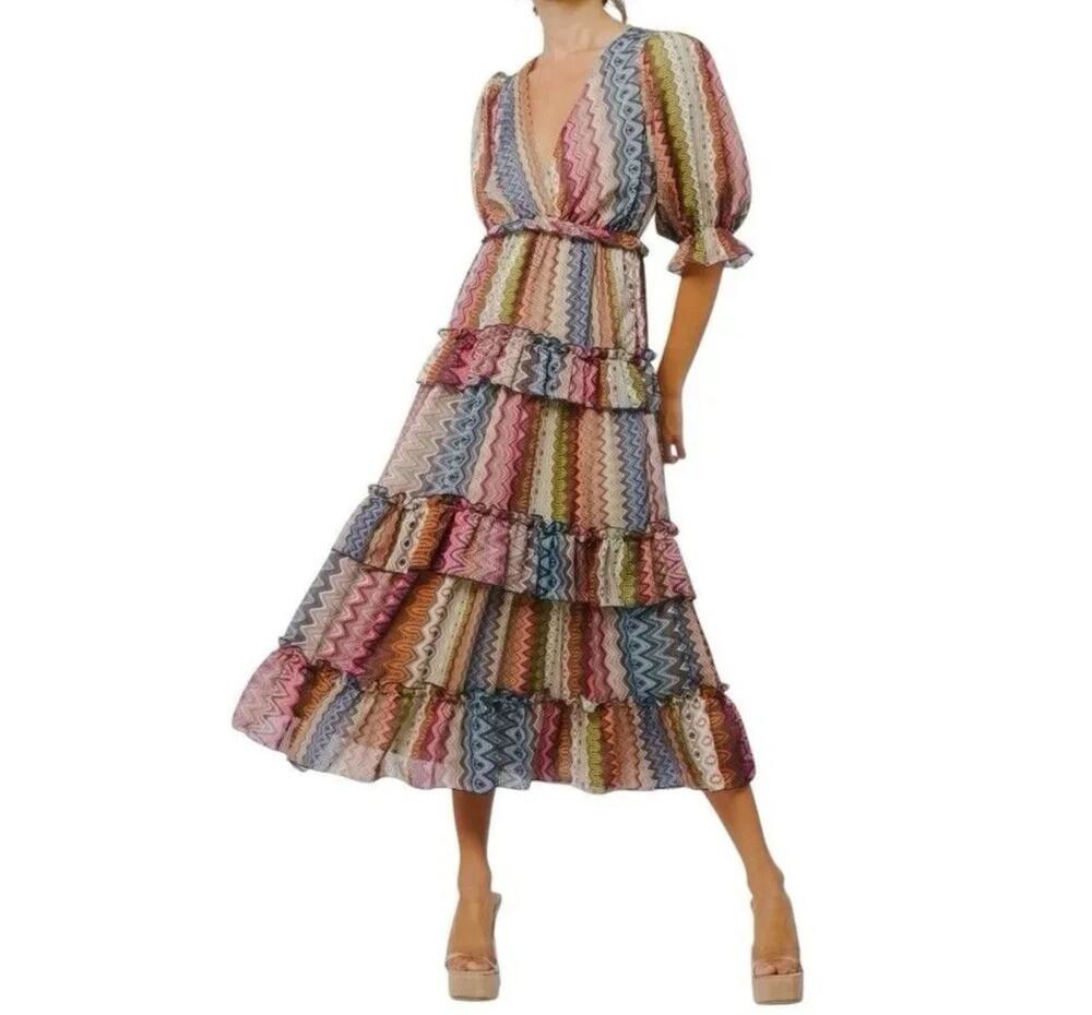 Nordstrom Ciebon Madelyn Stripe Tiered Ruffle Midi Dress Large Colorful Boho